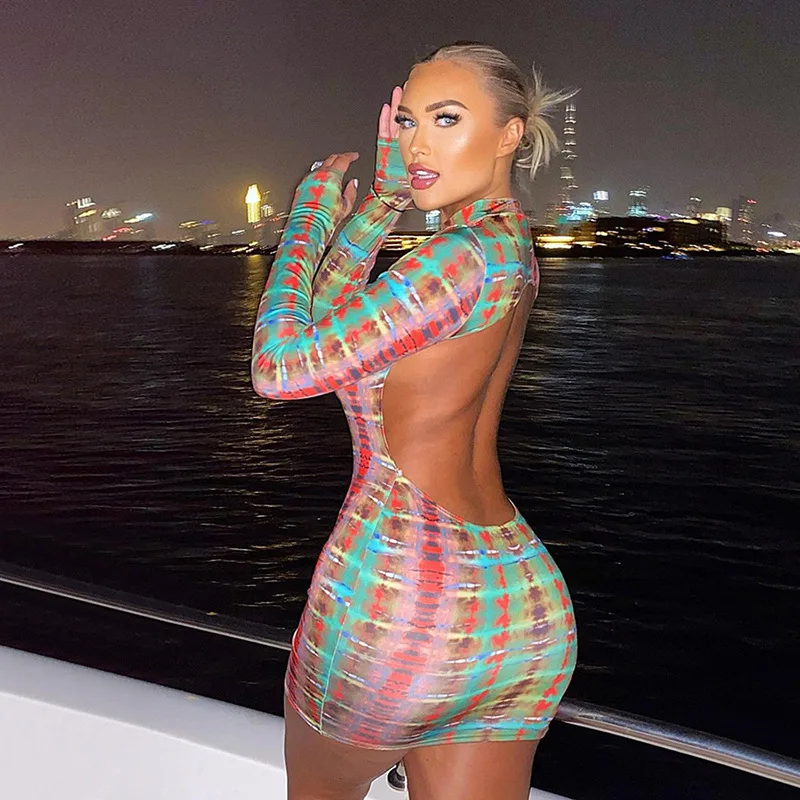 

Sexy Backless Serpentine Print Mini Bodycon Dress Women Fall Chic Package Hip Streetwear Female Casual Party Club Clothes