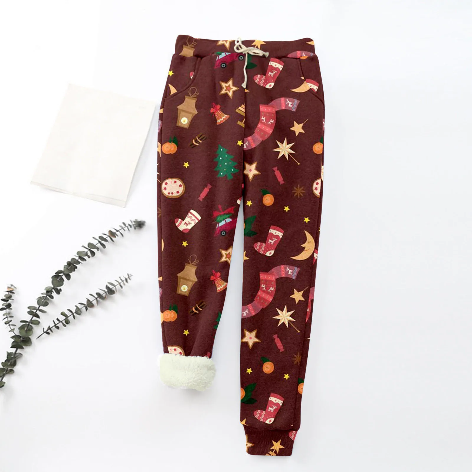 

Ladies Christmas Print Fleece Warm Print Drawstring Casual Pants