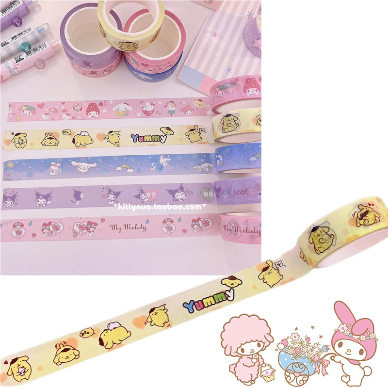 

Kawaii Hellokitty Mymelody Cinnamoroll Purin Dog Xo Sanrio and Paper Hand Account Adhesive Tape Cute Cartoon Sticker Girl Gift