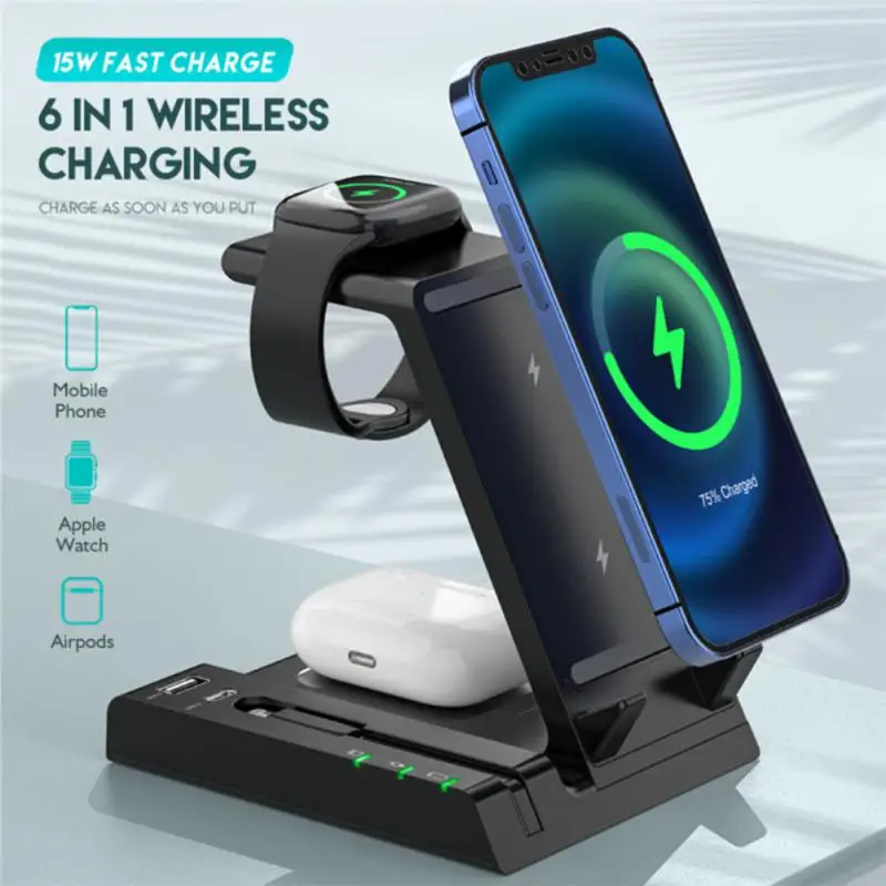 

15w Wireless Charger Stand Portable Charging Stand Pad Office Accessories Mobile Phone Charger Silicone 6 In 1 Qi Fast Charging