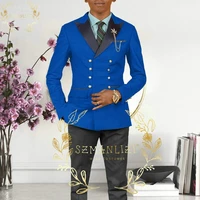 szmanlizi double breasted 2 pieces men suits tuxedos groom wedding formal party dress costume homme slim fit royal blue blazer