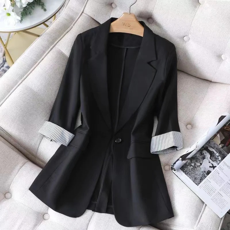

Summer Blazer Woman 3/4 Sleeve Korean Fashion Female Clothing Suit Collar Casual Loose Solid Color Stitching Houthion