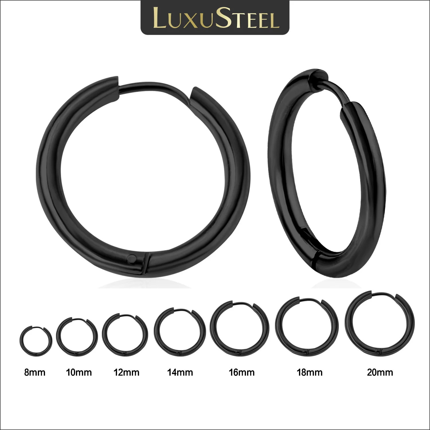 LUXUSTEEL Men's Simple Hoops Earrings Black Color Stainless Steel Clip Earring for Men Women Rock Hiphop Circle Ear 2 Pieces