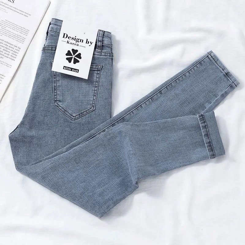 Jeans denim women's decoration thin Korean all-match nine points pencil pencil feet pants autumn