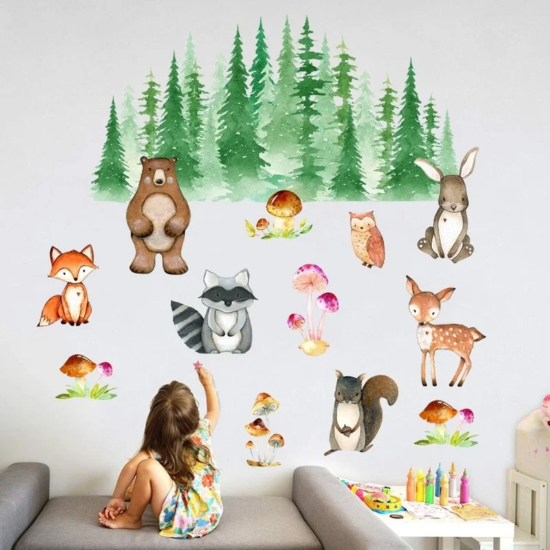 

New Cartoon Elephant Giraffe Rabbit Fox Bear Mushroom Owl Wall Stickers Living Room Bedroom Kids Room Home Decoration Painting