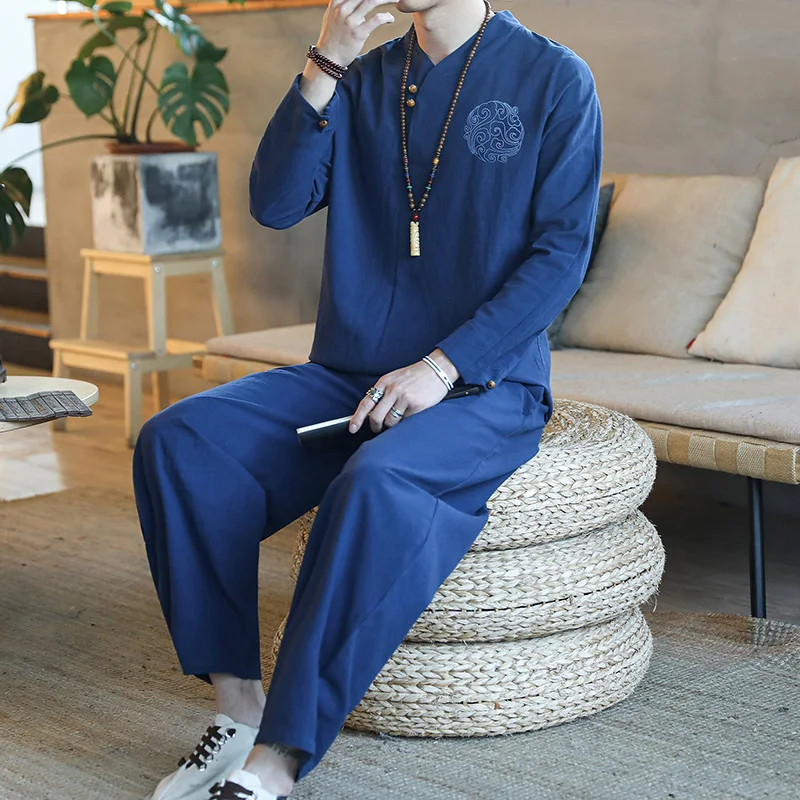 

Chinese Style Tang Suit Jacket Men's Suit Japanese Style Kimono Plus Size Hanfu Men's Top + Pants Two Piece Set