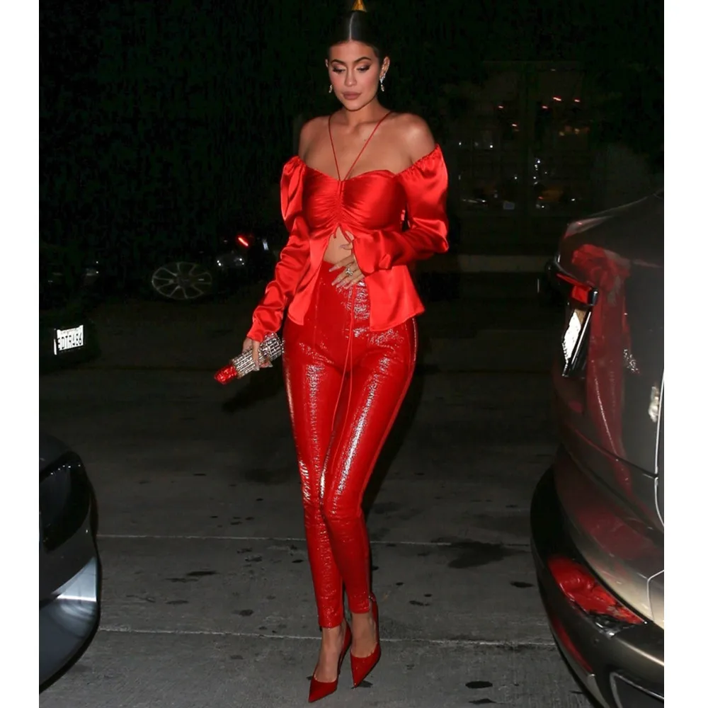 

Elegant Feminine Red 2 Pieces Sets Sexy Long Sleeves Fold Tops + Fashion High Waist Traceless Bright Pu Tight Long Pencil Pants