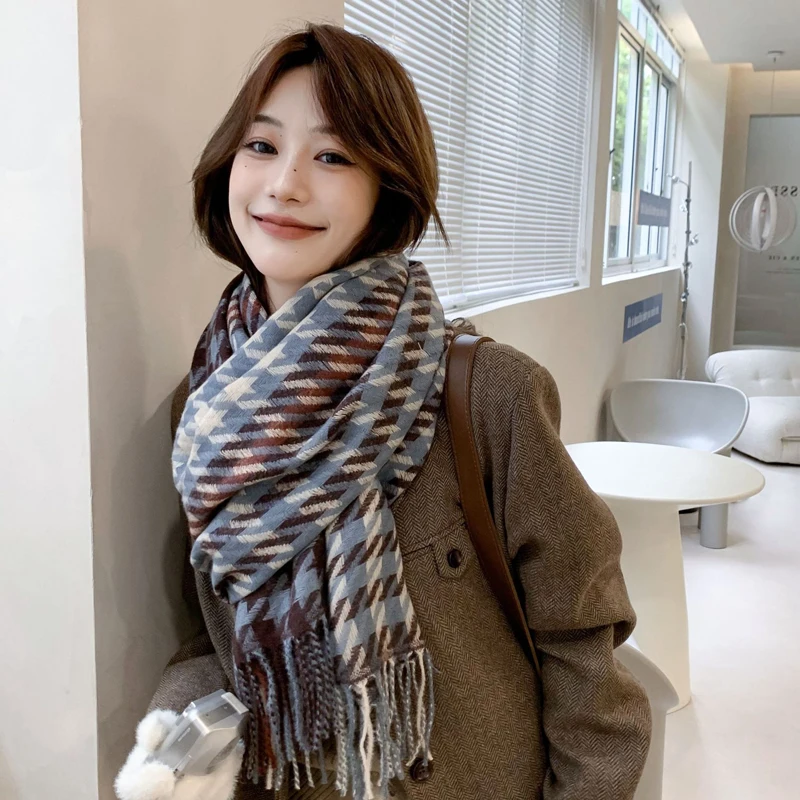 

MoriBty Winter Plaid Cashmere Scarf Women Luxury Striped Tassle Shawl Wraps Large Warm Retro Poncho Hijab Pashmina for Ladies