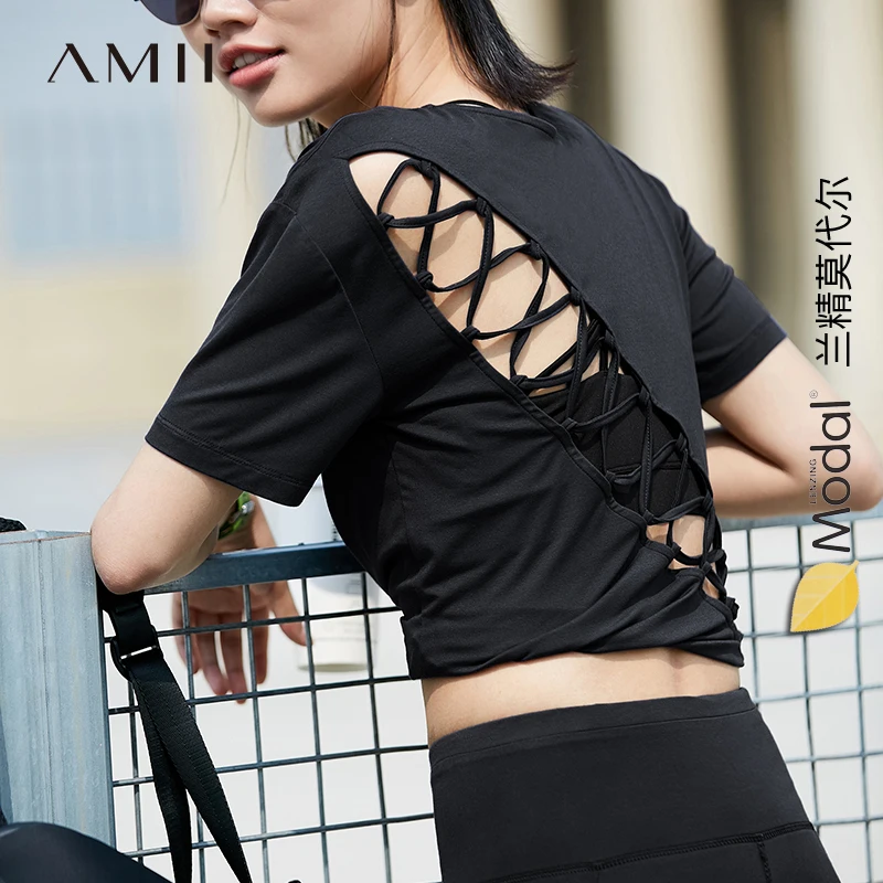 

Amii Minimalism Summer Women's Tops Streetwear Solid Oneck Bandage Women's Tshirt Causal Modal Tshirt For Women 11840039