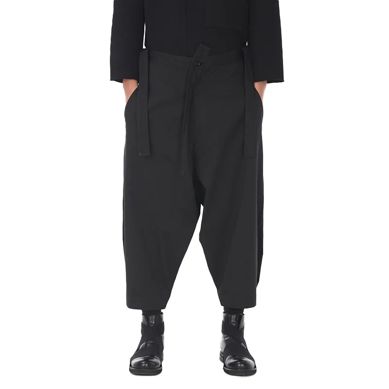 Men's Cropped Pants Black Overalls Loose Casual Pants Spring and Autumn Dark Yamamoto Style Street Wear Large Size