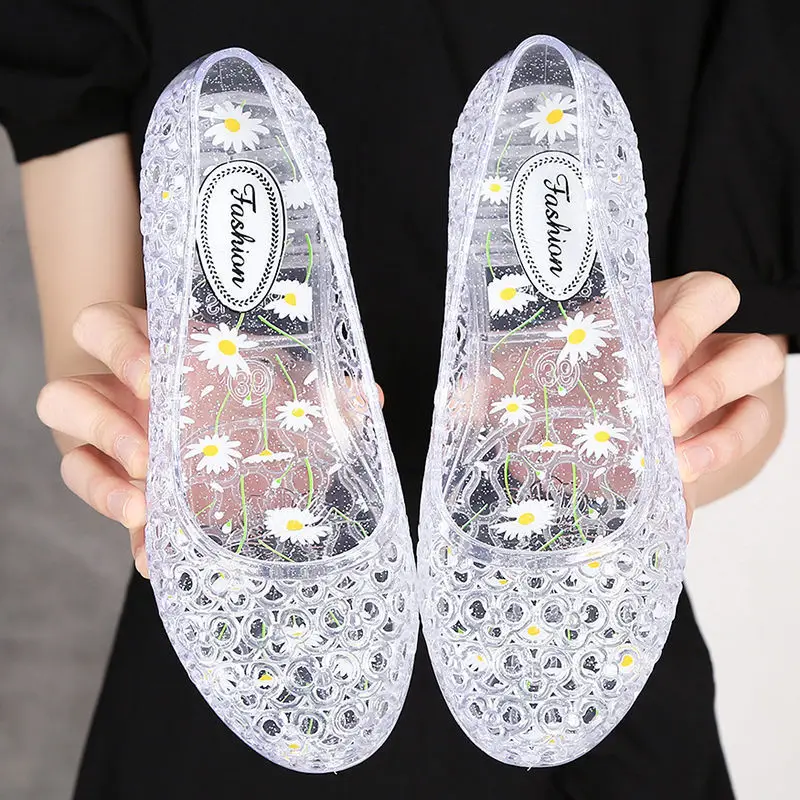 

Fashion White Jelly Sandals Women's Summer Transparent Slides Shoes Beach Sandals Girls Slip On Sandals Woman Cheap Hollow Shoes