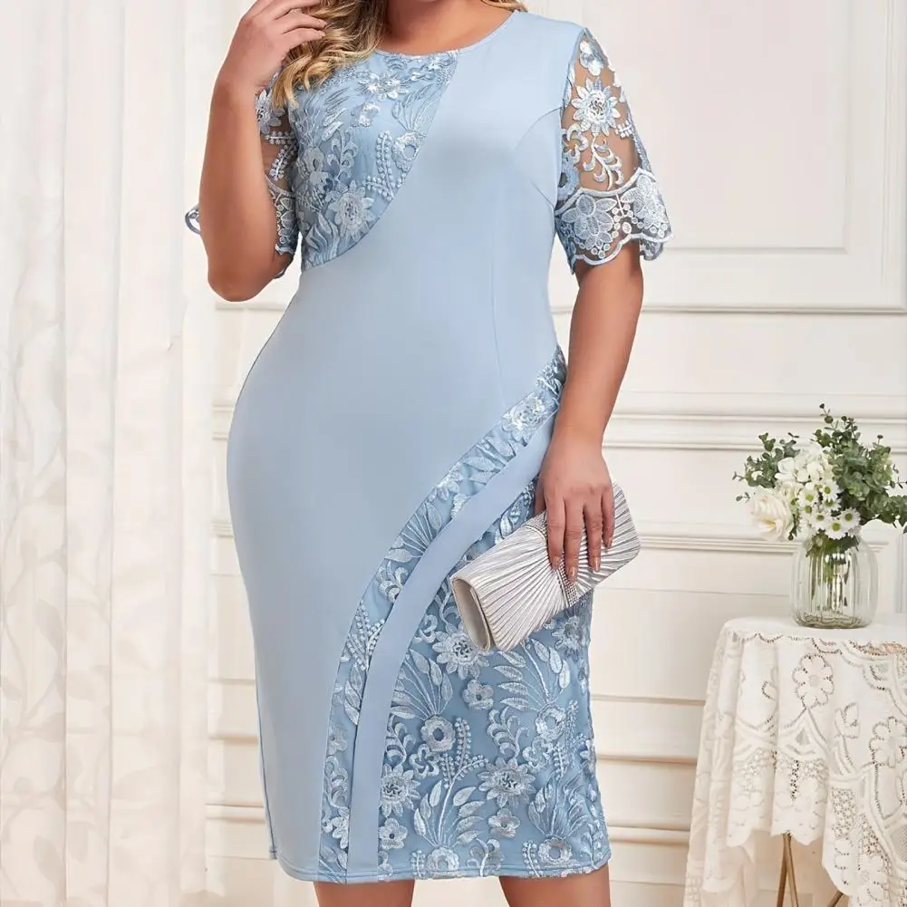 

Elegant Lady Dress Elegant Floral Embroidered Midi Dress Chic Round Neck Sheath for Party Prom Banquet Slim Fit Dress