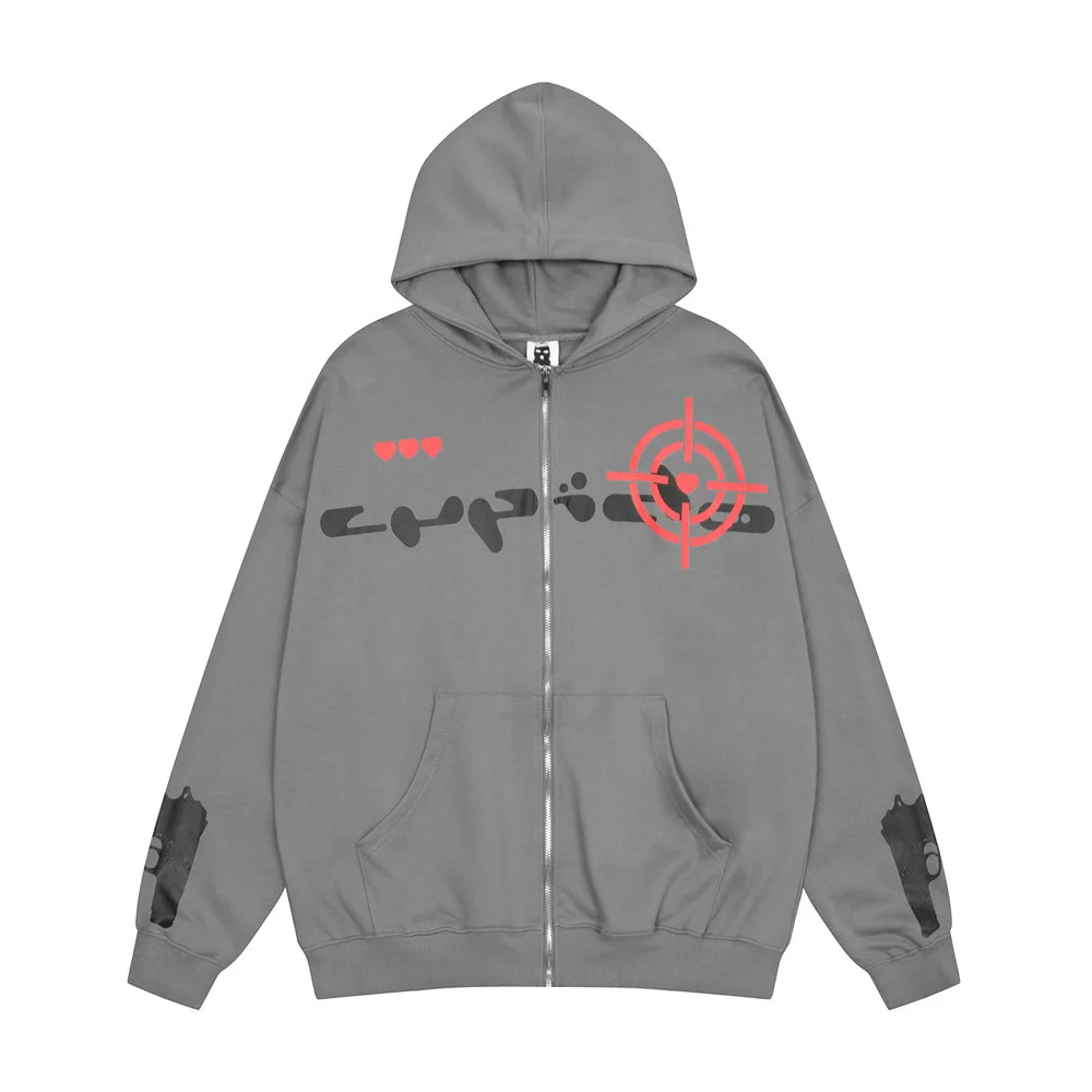 

Streetwear Letter Print High Hoodies Retro Long Sleeve Oversized Casual Cardigan Zipper Hooded For Men Women Sweatshirt Gray