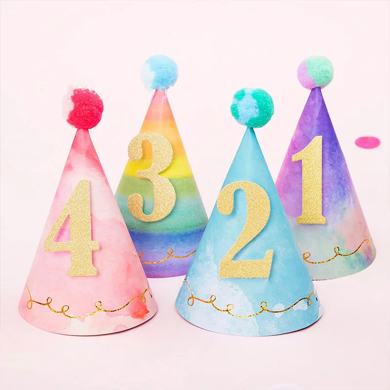 

Creative Watercolor Bronzing Kid Adult Digital Birthday Hat Plush Ball Veil Party Hat Paper Cake Hat Happy Birthday Party Decor