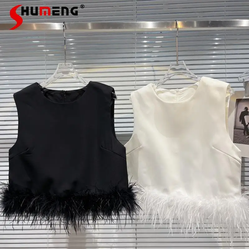 

2022 Spring New Hem Furry Feather Design Solid Color Vest Crop Top Women Elegant Round Neck Sleeveless Waistcoat Female T-shirt