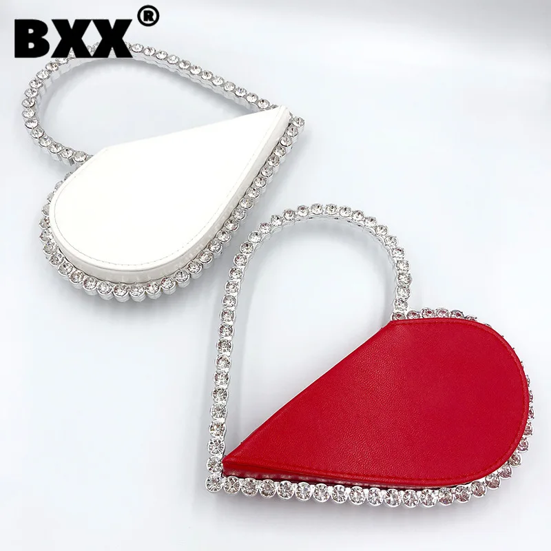 

[BXX] 2023 New Fashion Love Shape Diamond Handbag For Women's PU Leather Rhinestone Luxury Designer Evening Female Bag 8P0101