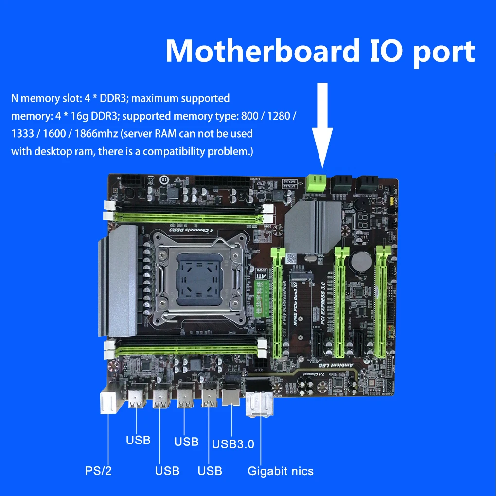 

X79T Computer Motherboard LGA 2011 ATX Combos E5 2689 CPU with 4xDDR3 RAM 1866Mhz PC3 12800R PCI-E NVME M.2