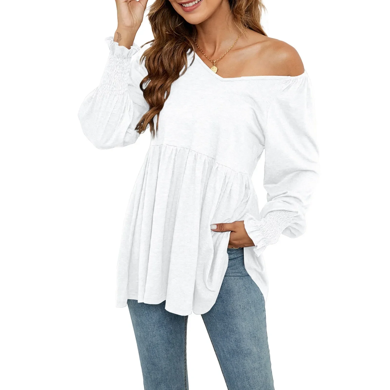 

Summer Woman Elegant Chiffon Shirt Female Stylish Flounce Top Solid Color V-neck Sun Protection Long-sleeved Fairy Tunic Blouse