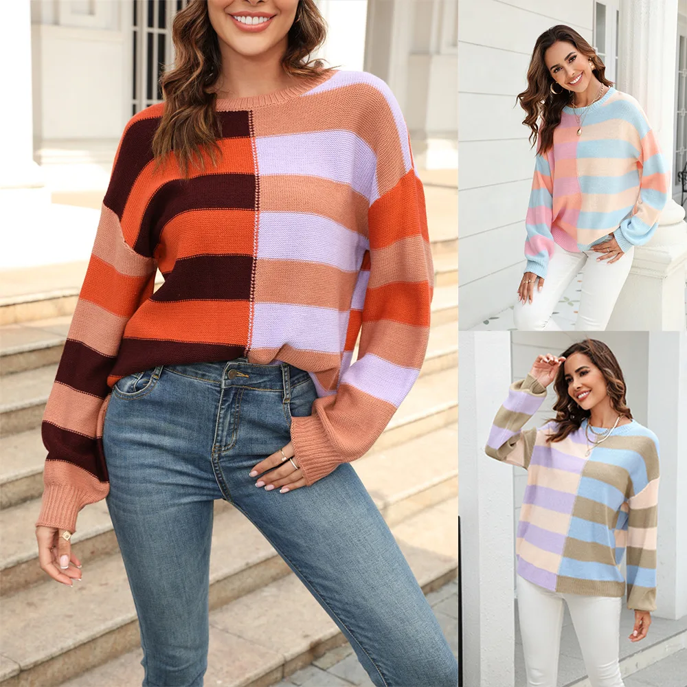 

New fall 2023, colorful stripes stitched together into a crew-neck knit jumper