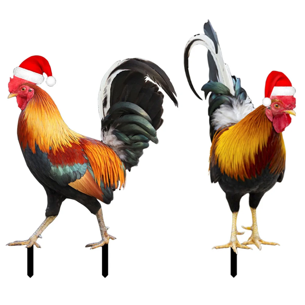 

2Pcs Garden Rooster Stake Garden Chicken Decoration Acrylic Chicken Sign Christmas Hat Chick Stake