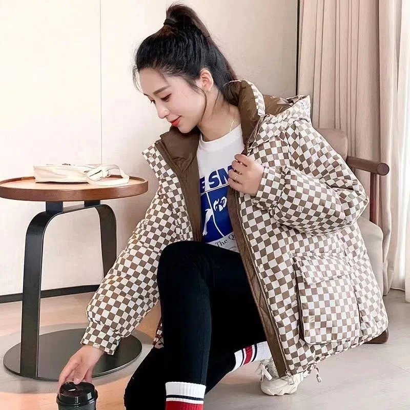 Parkas Women 2022 Winter New Fashion Slim All-match Checkerboard Padded Coat Female Hooded Loose Short Thick Down Cotton Jacket