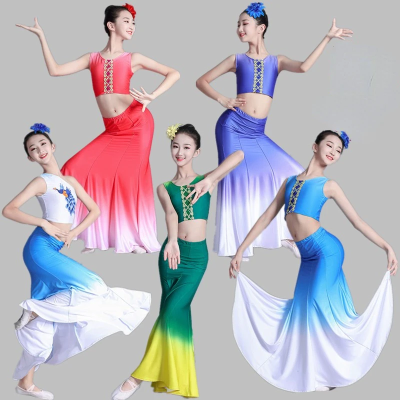 

Girls Peacock Dance Dress Minority National Dai Dance Costumes Traditional Folk Fishtail Skirt Wrap Hip Peacock Dance Dress