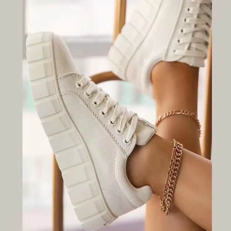 Women Canvas Shoes Platform Sneakers Solid Color Lace Up Thick-soled Casual Shoes Designer Shoes Tenis Feminino Zapatos De Mujer