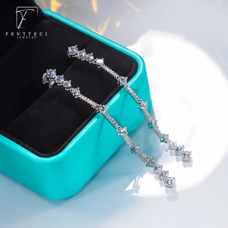 FENTTECI 925 Sterling Silver Temperament Full Of Diamonds And Tassel Long Ear Line Women's Dinner Party Earrings For Girlfriend