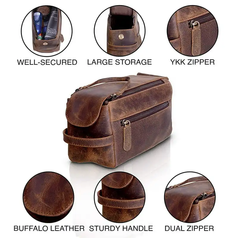 KomalC Genuine Distressed Tan/Hunter Buffalo Unisex Toiletry Bag Travel Dopp Kit - Perfect Choice for On-the-Go Organization.