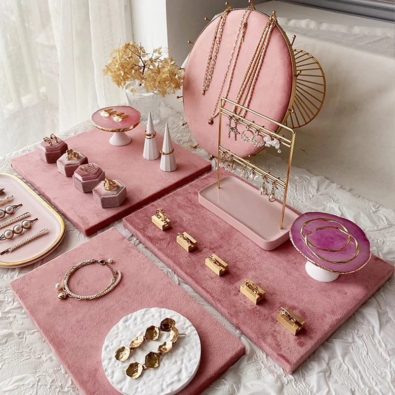 

Jewelry display shelf pink tray trinket earrings display shop counter tabletop collection of photo props