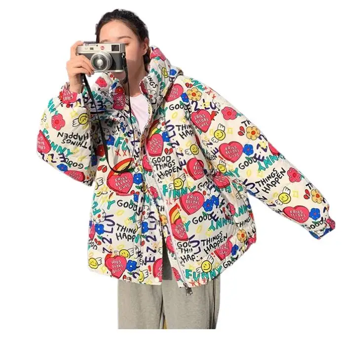 

Winter Women Stand Collar Thick Coats High Quality Loose Casual Chic High Street Design Sense Graffiti Printing Warm Outwear