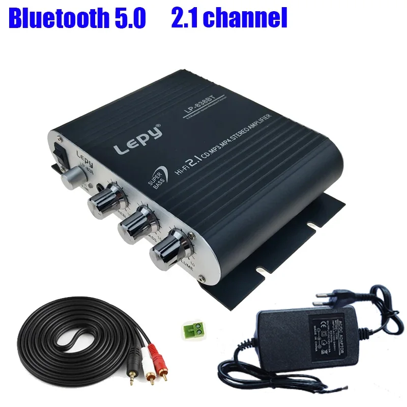 Фото Lepy LP-838BT Усилитель мощности Bluetooth 5.0 2.1 3-канальный усилитель звука Super Bass Audio с кабелем питания 12V3A и AUX №1