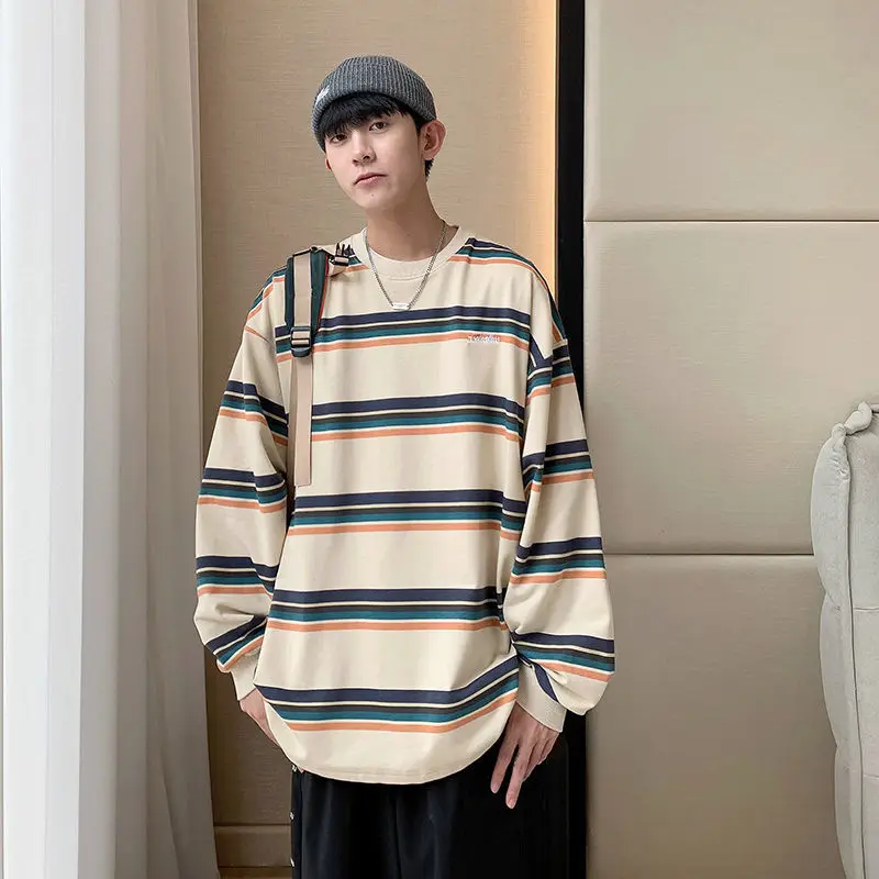 

Harajuku Fashion Striped Long Sleeves Men's Clothing Oversized Loose Casual Off White Cotton T-Shirts Teens Simple Streetwear