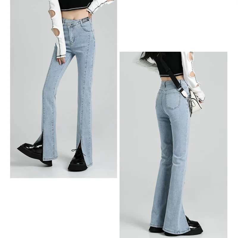 Plus Size Women's Jeans Blue High Waist Straight Baggy Split Pants Streetwear Harajuku Vintage Female Wide Leg Denim Trouser images - 6