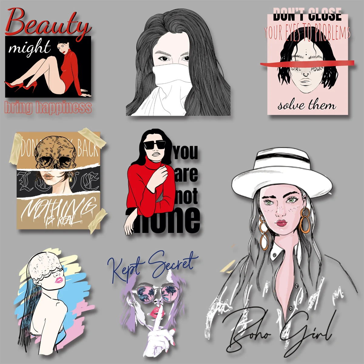 

Fashion Cutout Long Hair Beauty Letter "Kept Secret" "DON'T CLOSE YOUR EYES TO PROBLEMS" Iron On Transfer Fusible Patch