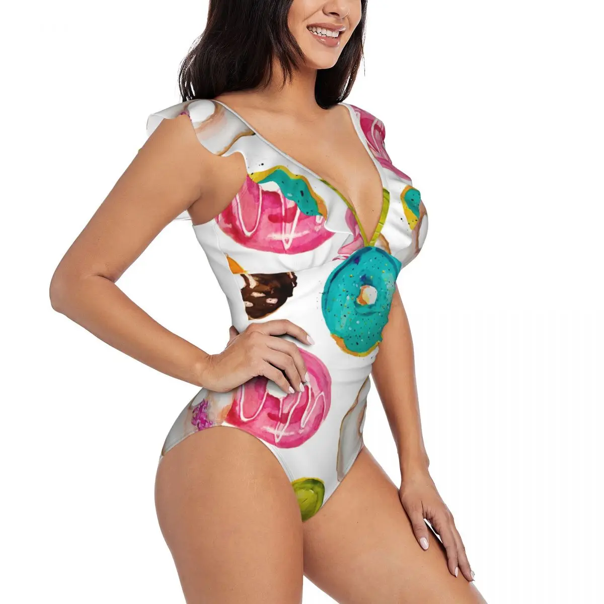 

Swimwear Women One Piece Swimsuit Watercolor Donuts Cute Female Swimming Bikinis Push Up Monokini Sexy Ruffle Bathing Suit