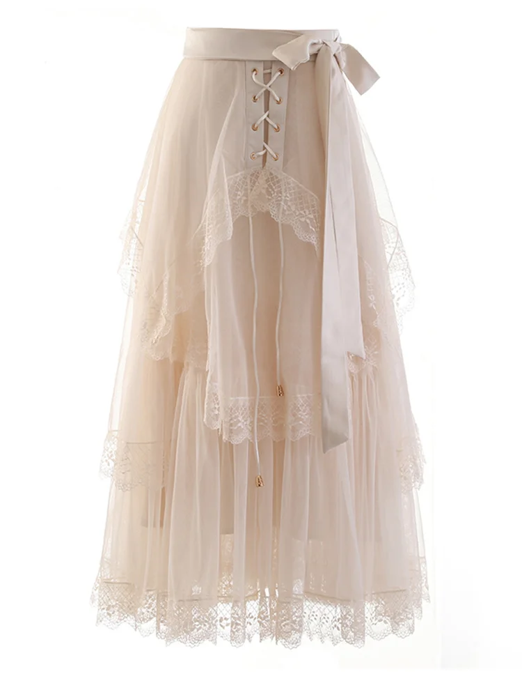 

High Waist Apricot Bandage Mesh Lace Elegant Irregular Half-body Skirt Women Fashion Tide New Spring Autumn 2022 C484