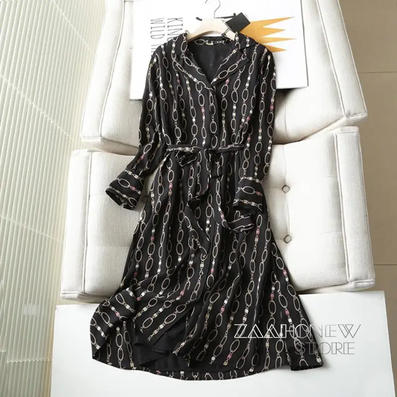 

ZAAHONEW 2022 Spring Summer Female Fashion Long Sleeve Chain Print Midi Dress Women Single-breasted Belt Shirt Casual Dress