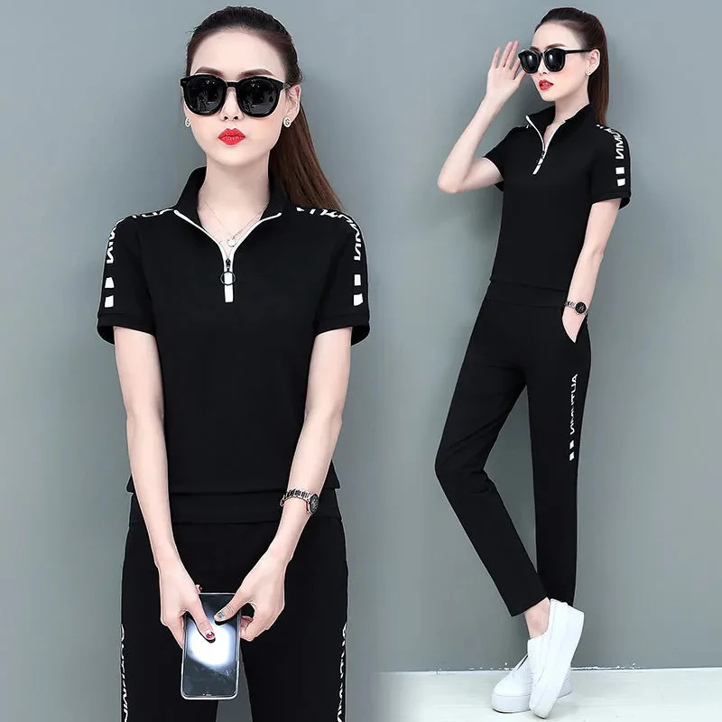 

2023 New Fashion Short Sleeve Tracksuit 2 Piece Set Women Korean Loose Stand Collar Sweatshirt Matching Pant Suit Summer Outfits