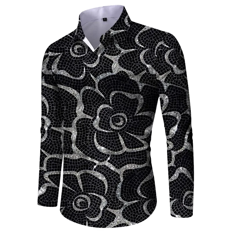 Spring and Autumn New Men's Long-sleeved Gradient Print Lapel Shirt