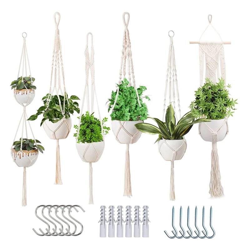

Новые вешалки для растений, подвесные кастрюли для макраме для комнатных растений-6 упаковок, подвесные держатели для растений, подвесные для помещений