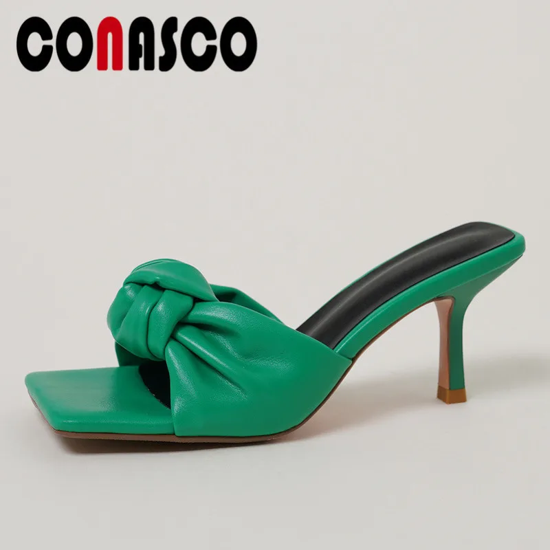 

CONASCO 2022 Concise Fashion Bv Green Slippers Genuine Leather Wedding Party Woman Pumps Summer High Heels Sexy Slippers