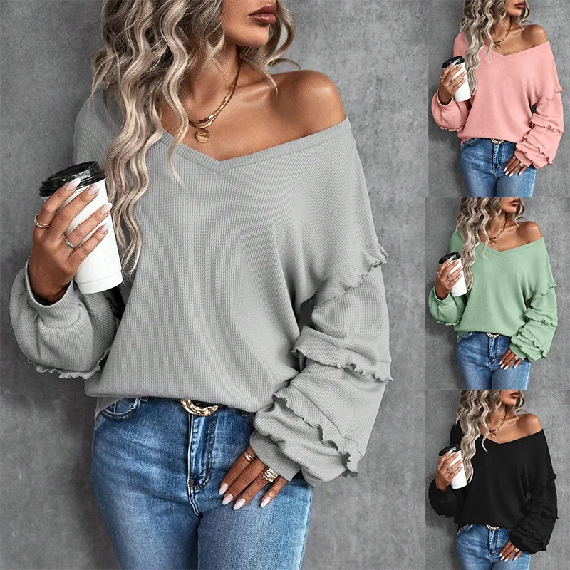 

2023 Fashion Versatile Autumn and Winter New Women's V-neck Loose Ruffle Tops