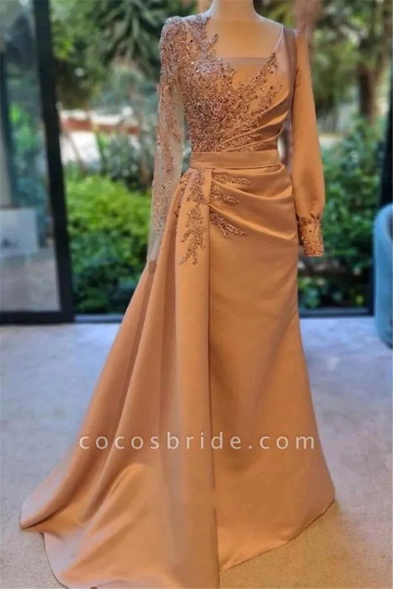 

Vintage Satin Appliques Prom Dress Classic Long sleeve O-Neck Evening Dress Floor-Length Party Gown