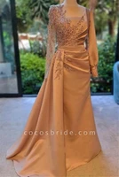 vintage satin appliques prom dress classic long sleeve o neck evening dress floor length party gown