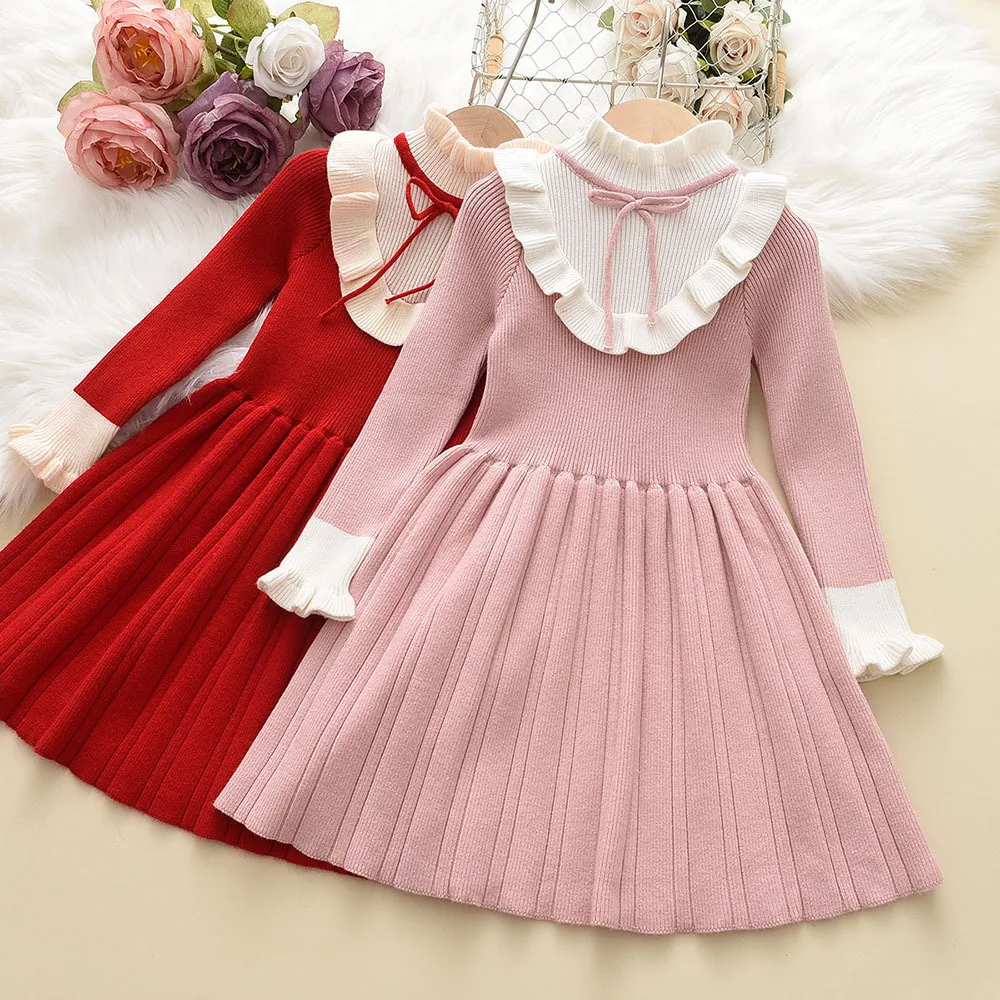 

2023 New Baby Girl Princess Sweet Knitted Dress Set Clothe Clothing for Children Kid Autumn Casual Fashion Bow Coat+Short Dress