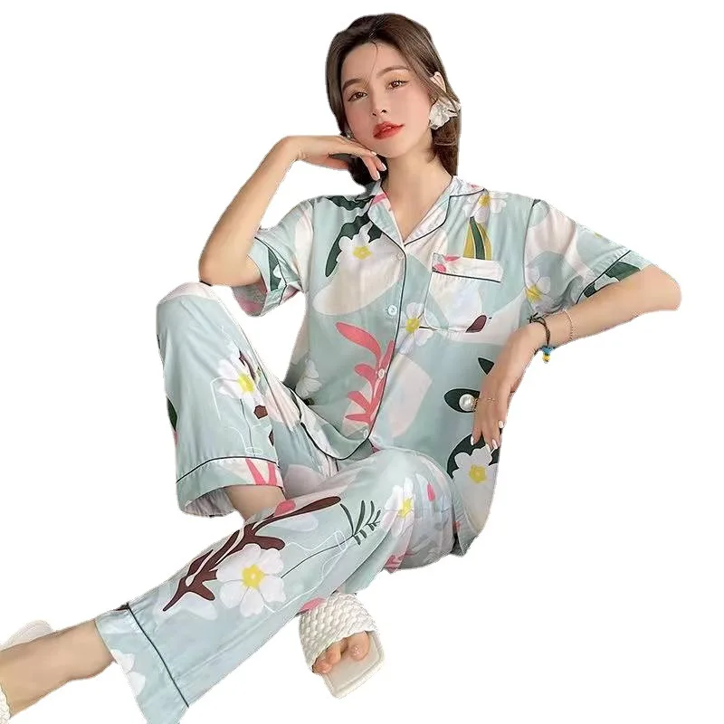 2022 New Flower Pajamas Women's Casual Loose Short Sleeved Trousers Cardigan Home Clothes Lady Sleepwear Female Nightwear