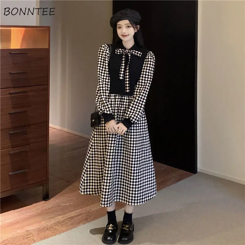 

Long Sleeve Dress Women Plaid Vintage Design Clothing Harajuku Leisure Mujer Elegant Vestido Holiday Classic Midi Tender Basic