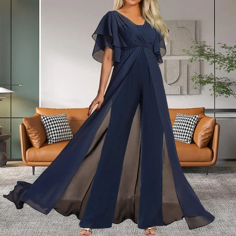 

Flowing Hem Jumpsuit Elegant V-neck Jumpsuit with Wide-leg Hem High Waist See-through Back Zipper for Parties Proms Soft Party