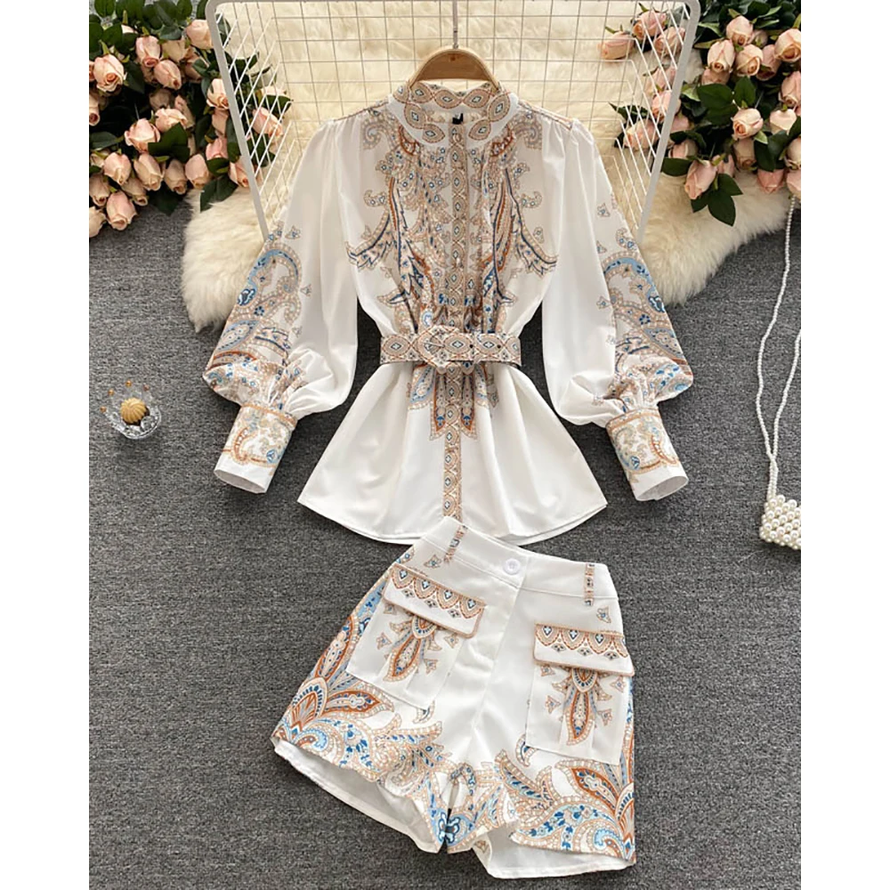 

Fashion Women Lantern Sleeve Paisley Print Belted Top Shorts Set Autumn Long Sleeve Casual Two Piece Suit 2023 Workwear Sets